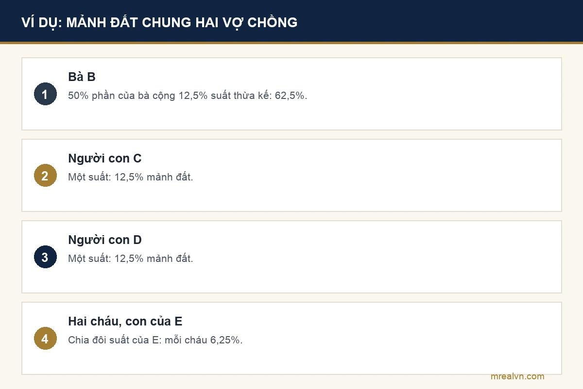 Bảng ví dụ giả định chia mảnh đất chung của ông A và bà B khi ông A mất không di chúc, người con E đã mất trước có hai con: bà B nắm 62,5 phần trăm, hai người con C và D mỗi người 12,5 phần trăm, hai cháu mỗi cháu 6,25 phần trăm