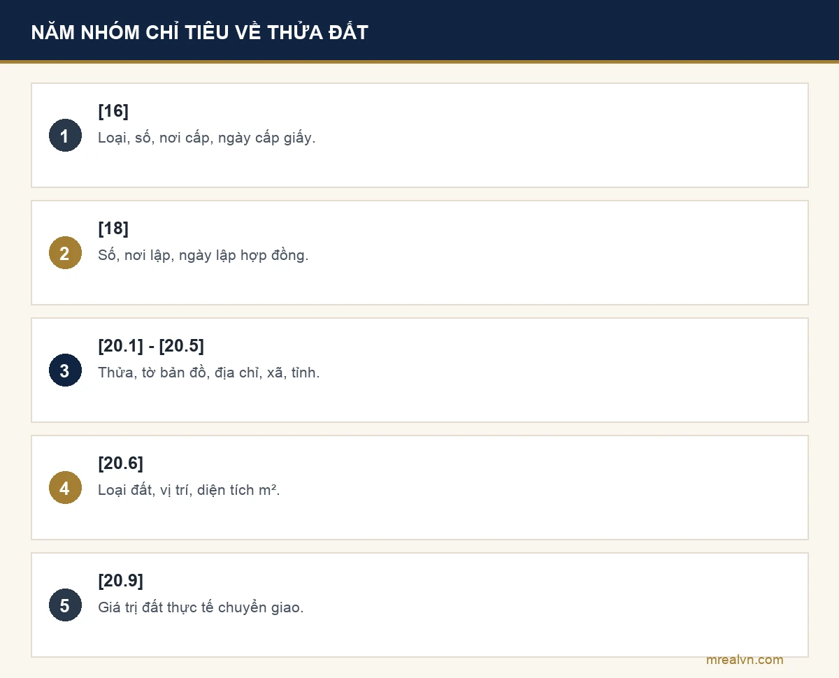 Bảng năm nhóm chỉ tiêu khai thông tin thửa đất trên Mẫu 03/BĐS-TNCN: chỉ tiêu 16 giấy tờ về quyền sử dụng đất, chỉ tiêu 18 hợp đồng chuyển nhượng, chỉ tiêu 20.1 đến 20.5 số thửa, tờ bản đồ, địa chỉ, xã, tỉnh, chỉ tiêu 20.6 loại đất, vị trí, diện tích, chỉ tiêu 20.9 giá trị đất thực tế chuyển giao