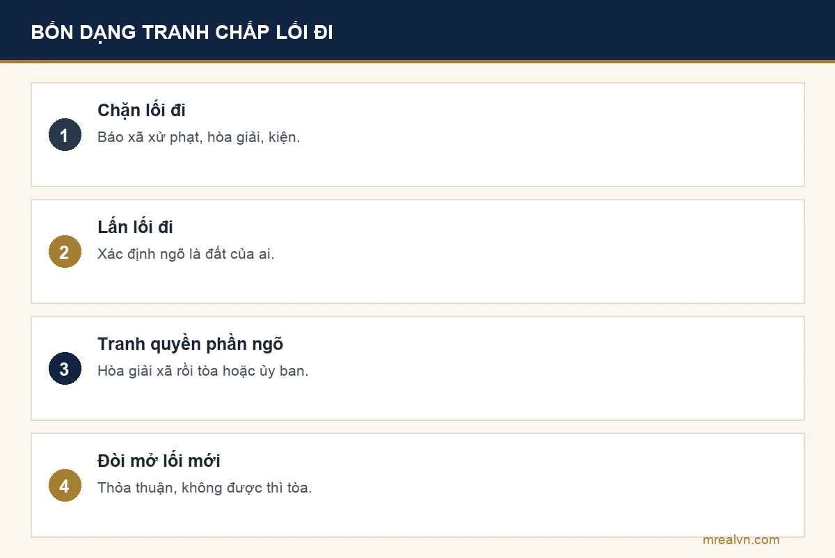 Bảng bốn dạng tranh chấp lối đi chung: chặn lối đi, lấn lối đi, tranh chấp ai có quyền với phần ngõ, đòi mở lối đi mới khi đất bị vây bọc