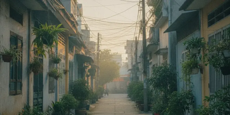 Ảnh bìa bài tranh chấp lối đi chung: con ngõ nhỏ lát bê tông giữa hai dãy nhà ở khu dân cư Việt Nam