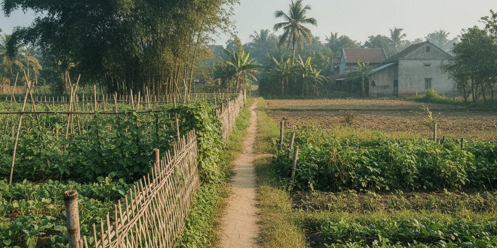 Ảnh lối mòn nhỏ đi qua mảnh vườn để vào thửa đất phía trong, minh họa đất bị vây bọc cần lối đi qua bất động sản liền kề