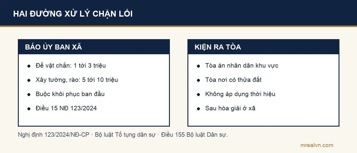 So sánh hai đường xử lý khi bị chặn lối đi chung: đường hành chính phạt 1 tới 10 triệu đồng và buộc khôi phục, đường tòa án tại Tòa án nhân dân khu vực không áp dụng thời hiệu