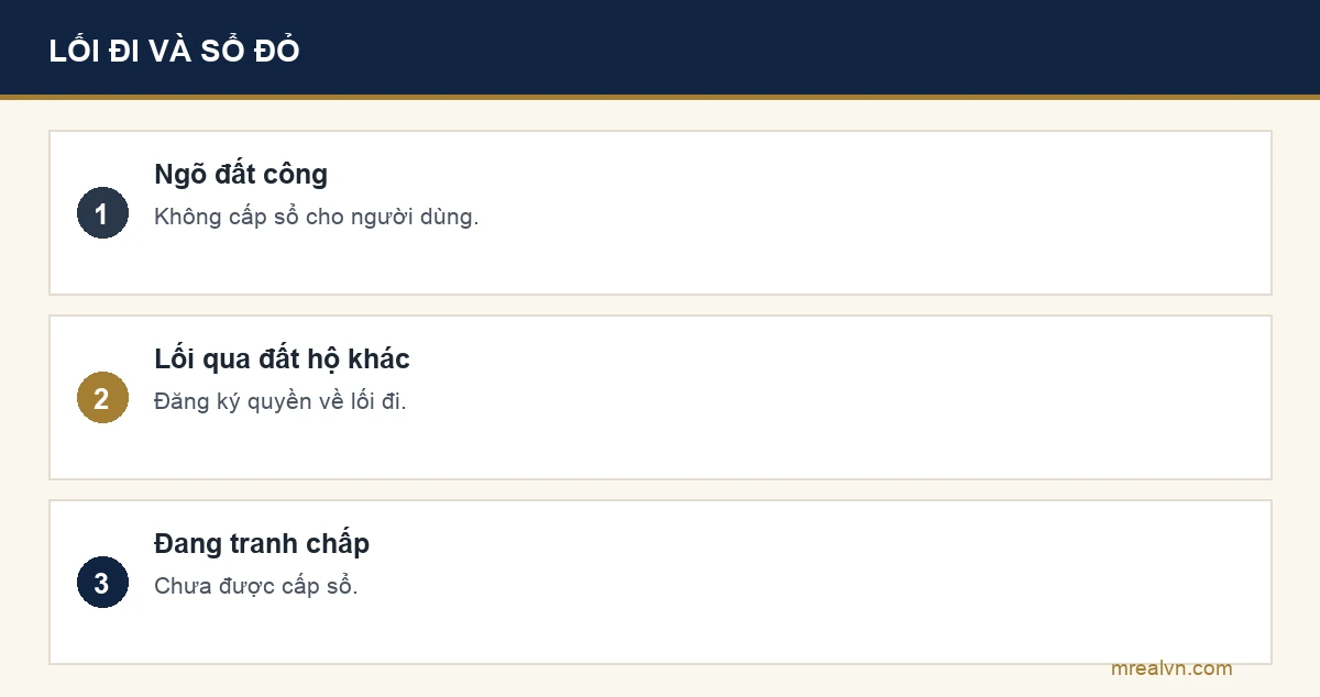 Bảng lối đi chung và giấy chứng nhận: ngõ đất công không cấp sổ cho người sử dụng, lối đi qua đất hộ khác thì đăng ký quyền về lối đi, đất đang tranh chấp chưa được cấp sổ