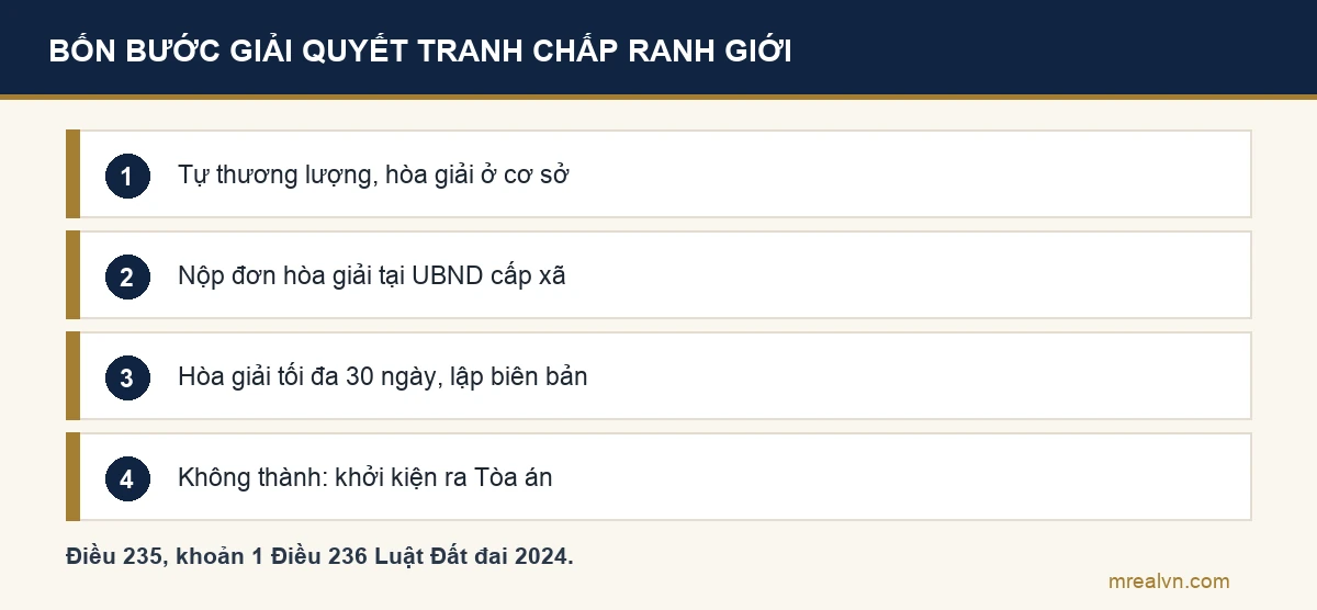 Bốn bước giải quyết tranh chấp ranh giới đất liền kề theo Điều 235 và Điều 236 Luật Đất đai 2024: tự thương lượng hoặc hòa giải ở cơ sở, nộp đơn hòa giải tại Ủy ban nhân dân cấp xã, hòa giải không quá 30 ngày và lập biên bản, không thành thì khởi kiện tại Tòa án