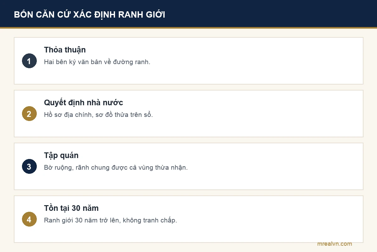Bảng bốn căn cứ xác định ranh giới giữa các bất động sản liền kề theo khoản 1 Điều 175 Bộ luật Dân sự 2015: thỏa thuận của hai bên, quyết định của cơ quan nhà nước có thẩm quyền, tập quán, ranh giới đã tồn tại từ 30 năm trở lên không tranh chấp