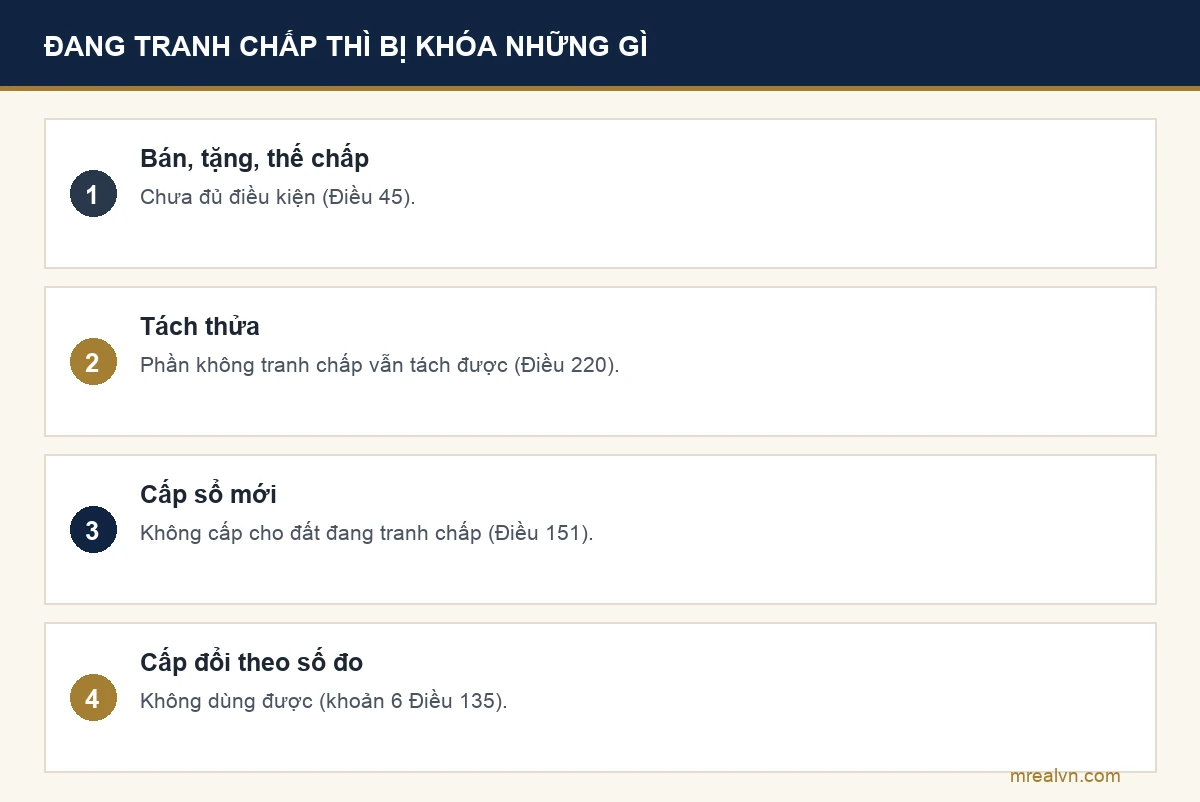 Bảng những việc bị ảnh hưởng khi đất đang tranh chấp ranh giới theo Luật Đất đai 2024: không đủ điều kiện chuyển nhượng, thế chấp; phần không tranh chấp vẫn được tách thửa nếu xác định được phạm vi; không được cấp giấy chứng nhận; không dùng được cách cấp đổi theo số đo thực tế