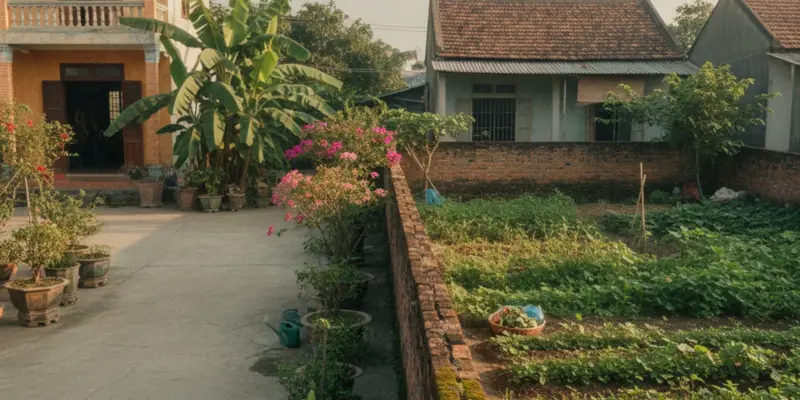 Ảnh bìa bài tranh chấp ranh giới đất liền kề: bức tường gạch thấp chạy giữa hai khoảnh sân nhà liền kề ở một làng quê Việt Nam