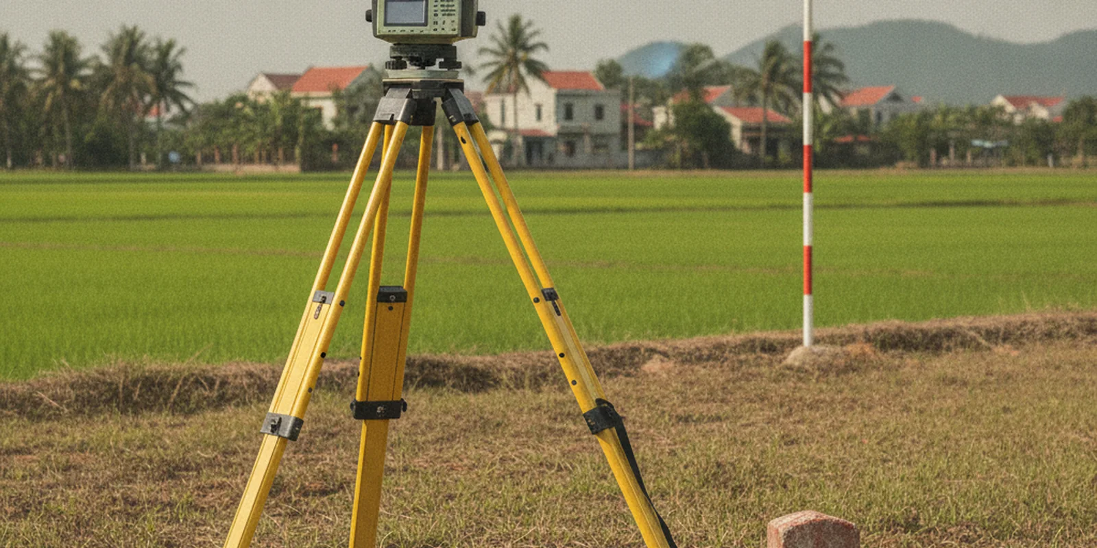 Ảnh máy toàn đạc điện tử đặt trên chân ba càng cạnh cọc mốc bê tông tại ranh giới thửa đất, minh họa việc trích đo bản đồ địa chính