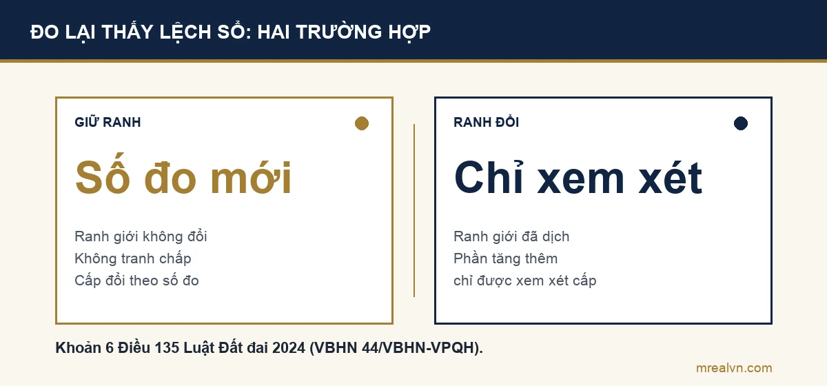 Sơ đồ so sánh hai trường hợp đo lại thấy lệch diện tích theo khoản 6 Điều 135 Luật Đất đai 2024: ranh giới giữ nguyên và không tranh chấp thì diện tích tính theo số đo thực tế; ranh giới đã thay đổi thì phần diện tích tăng thêm chỉ được xem xét cấp