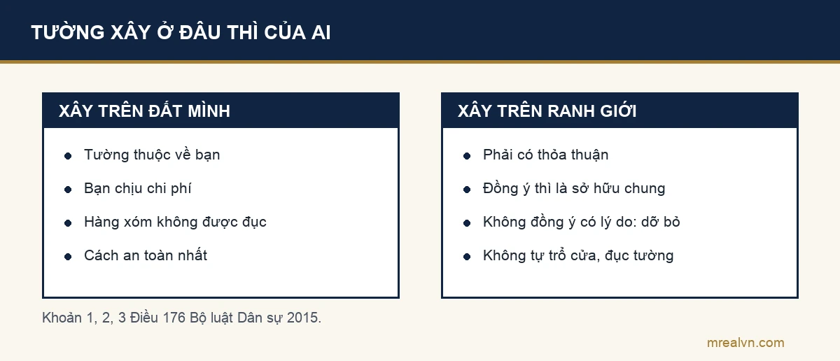 Sơ đồ hai cột về quyền với tường và hàng rào theo Điều 176 Bộ luật Dân sự: xây trên đất mình thì tường của mình, chi phí mình chịu; xây trên ranh giới có đồng ý thì là sở hữu chung, không được đục tường chung nếu chưa được đồng ý