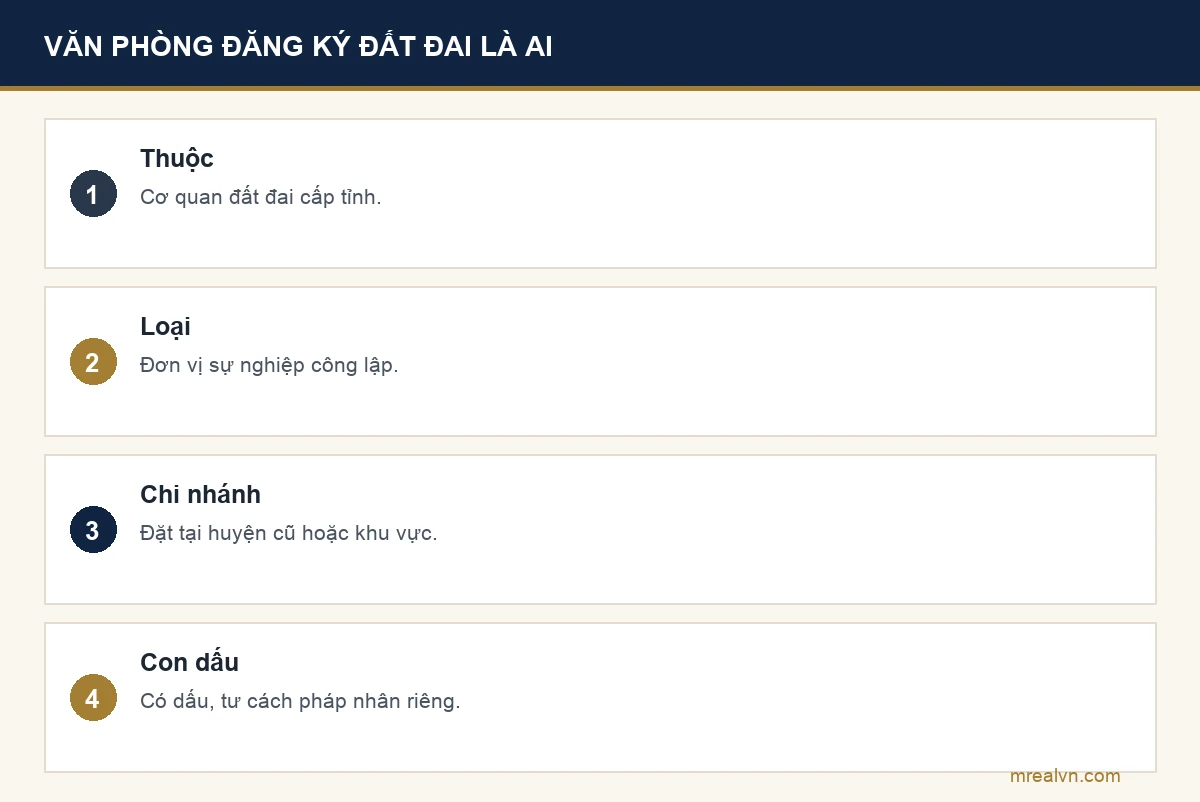 Bảng bốn dòng: văn phòng thuộc cơ quan quản lý đất đai cấp tỉnh, là đơn vị sự nghiệp công lập, có chi nhánh đặt tại huyện cũ hoặc khu vực, có con dấu và tư cách pháp nhân riêng