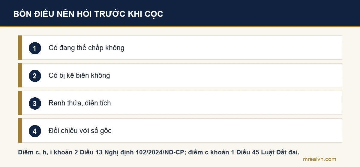 Sơ đồ bốn bước: hỏi thửa đất có đang thế chấp không, có bị kê biên không, ranh thửa và diện tích, rồi đối chiếu với sổ gốc